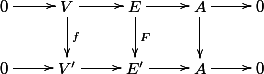  \usepackage{xypic} \xymatrix{
   0  \ar[r]
 &amp; V  \ar[r]  \ar[d]^f
 &amp; E  \ar[r]  \ar[d]^F
 &amp; A  \ar[r]  \ar[d]^{\id}
 &amp; 0
\\ 0  \ar[r]
 &amp; V' \ar[r]
 &amp; E' \ar[r]
 &amp; A  \ar[r]
 &amp; 0
}
\vspace{10pt} 