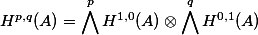  H^{p,q}(A) = \bigwedge^p H^{1,0}(A) \otimes \bigwedge^q H^{0,1}(A) 