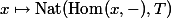 x \mapsto \mathop{\mathrm{Nat}}(\mathop{\mathrm{Hom}}(x, -), T)