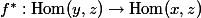 f^* : \mathop{\mathrm{Hom}}(y, z) \to \mathop{\mathrm{Hom}}(x, z)